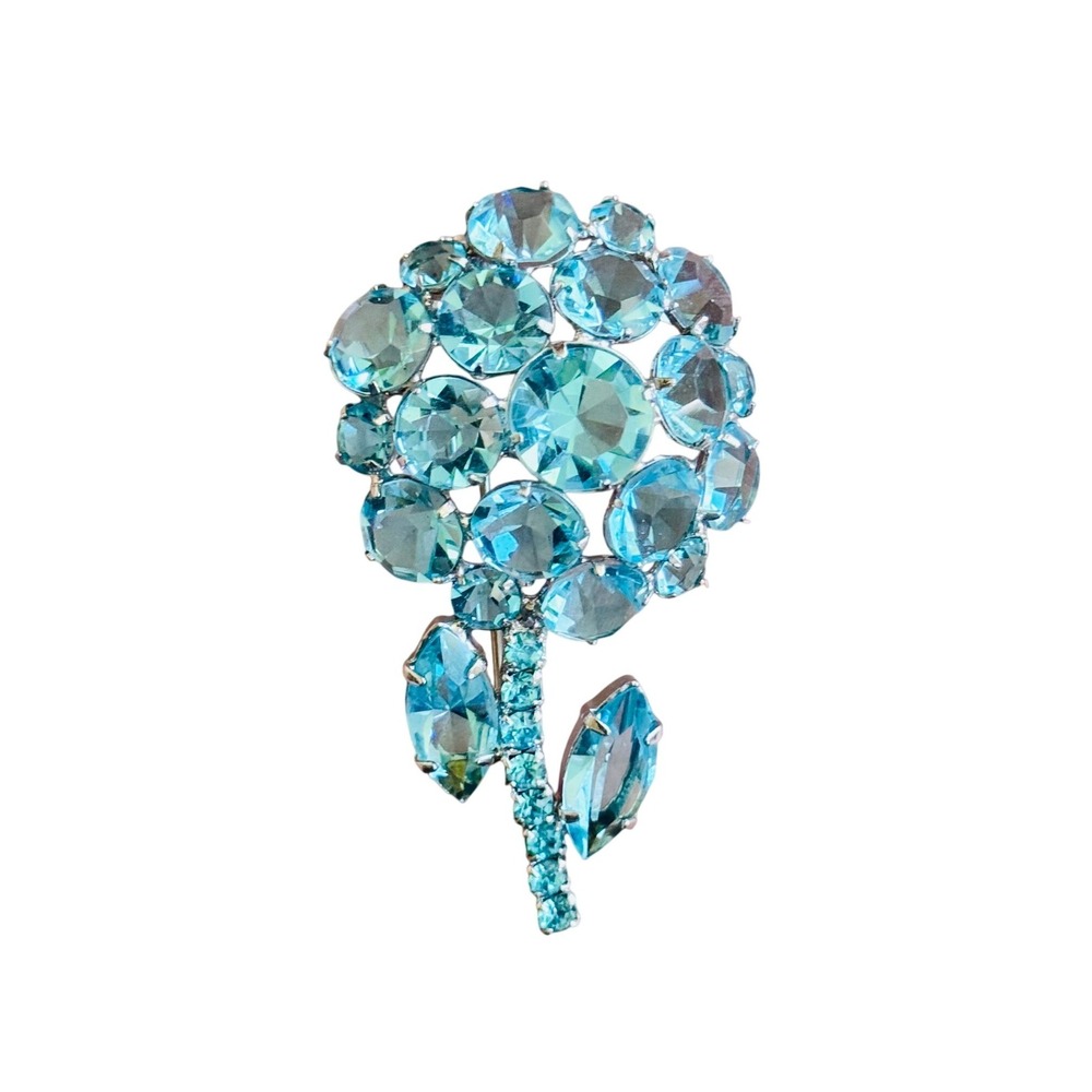 VTG Blue Aqua Jeweled Pin Brooch Crystal Rhinestone Floral Flower Asutrian
